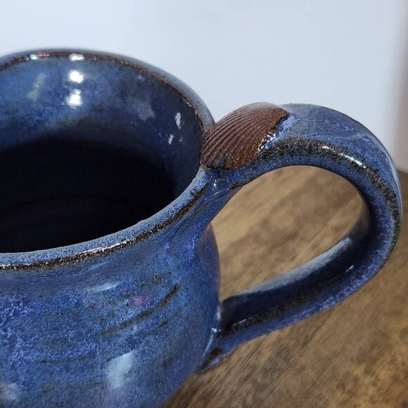 Blue and Brown Stoneware Mini Pitcher Blue Vintage Pitcher with Shell Accent - Picture 2 of 8